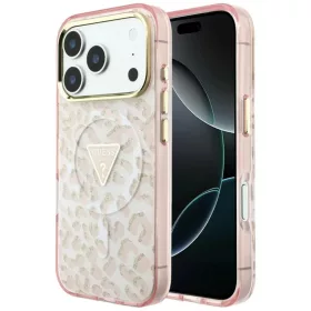    iPhone 18 Pro / iPhone 17 Pro rózsaszín Guess IML Leopard Glitter Triangle Logo MagSafe keménytok