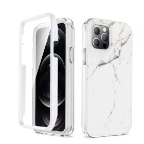   iPhone 12 Pro / 12 márvány mintás 360 fokos védelmet biztosító TPU tok kijelzővédővel, fehér Alphajack