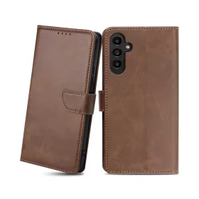   Samsung Galaxy A13 4G mágneses PU bőr fliptok kártyatartóval sötétbarna Alphajack