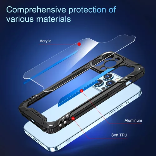 iPhone 12 Pro Max ütésálló TPU+alumínium tok fekete-kék kerettel- 7 kép
