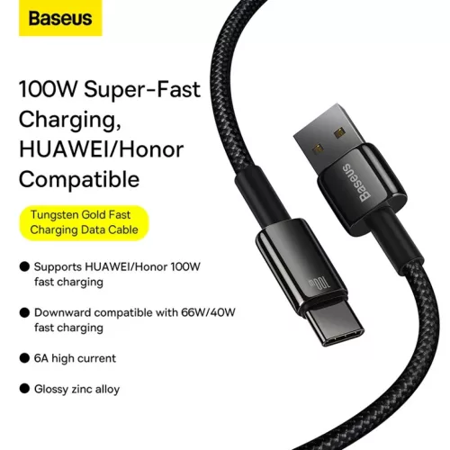 Baseus Tungsten Aranyozott USB A - USB Type-C kábel 100W 1m fekete (C-6932172618087 9 kép