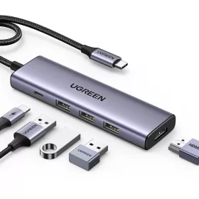   Multifunkciós HUB 5 az 1-ben USB-C - HDMI 1.4 / 3 x USB-A / USB-C PD 100W Ugreen CM511 - szürke