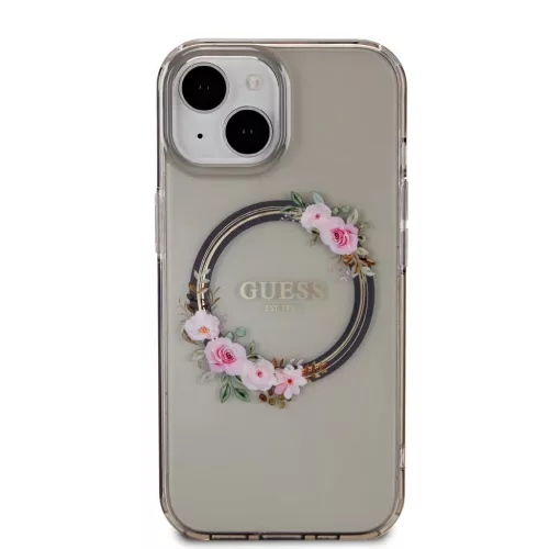 Guess PC/TPU Flowers Ring Glossy Logo MagSafe tok iPhone 15 fekete-3666339221287 3 kép