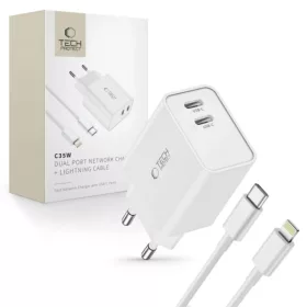  Tech-Protect C35W 2x USB-C PD 35W hálózati töltő USB-C / Lightning kábellel - fehér