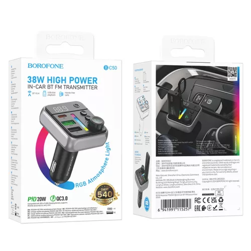 Borofone Transmitter FM BC50 Ascenso MP3, Bluetooth - 2xUSB + Type C --6941991115257 9 kép