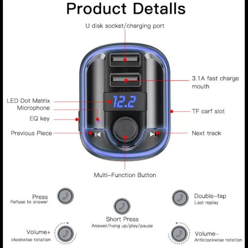 Yesido Transmitter FM Y44 MP3, Bluetooth - 2xUSB + microSD - 20W feket-6971050264664 8 kép
