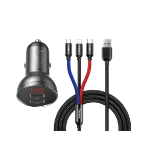   Baseus autós töltő digitális kijelzővel, 2xUSB csatlakozóval + 3-in-1 töltő kábellel 1.2m, 24W 4.8A, fekete (TZCCBX-0G)