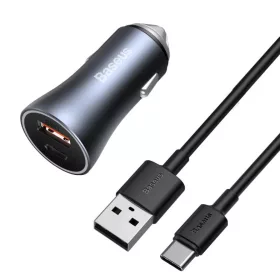   Baseus Golden Contactor Pro Autós szivargyújtós töltő USB Type-C / USB 40W PD 3.0 QC 4.0 + SCP FCP AFC + USB - USB Type-C kábelszürke (TZCCJD-0G)