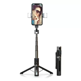   Selfie bot - levehető bluetooth távirányítóval, állvánnyal és 2 LED lámpával - P96D-2 FEKETE