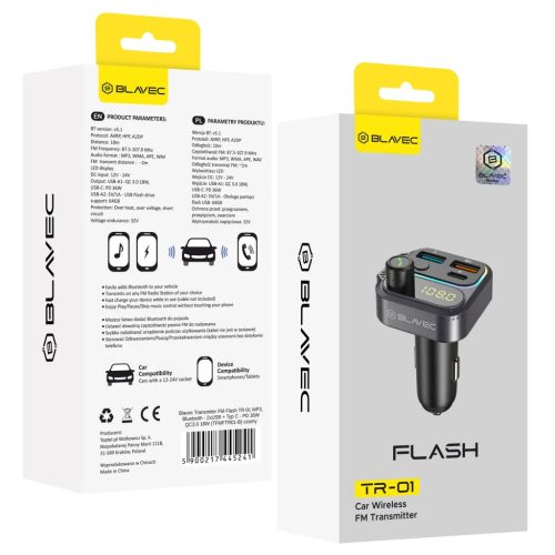 Blavec FM Transmitter Flash TR-01 MP3, Bluetooth - 2xUSB + Type C - PD-5900217445241 2 kép