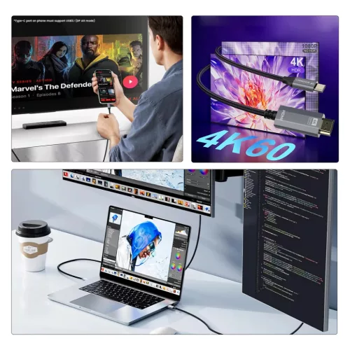 Wozinsky WCCH-01 USB-C - HDMI 4K 60Hz Kábel 1.8m - Fekete-5907769378898 3 kép