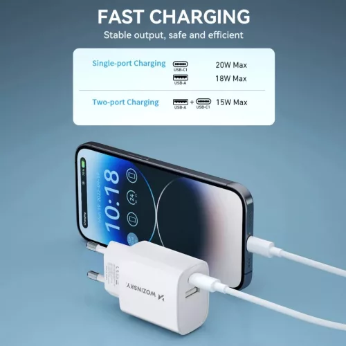 Wozinsky WGWCW USB-A USB-C 20W hálózati töltő - fehér-5907769308369 9 kép