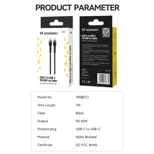 Wozinsky WNBCC1 USB-C / USB-C PD 65W kábel 1 m - fekete-5907769308734 5 kép