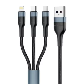   3in1 USB-ről USB-C / Micro USB / Lightning kábel, 3A, 1m (Fekete) Foneng X51