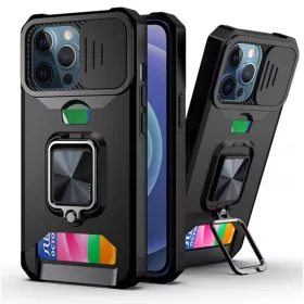   iPhone 13 mini Ring Armor tok kameralencse védővel, kihajtható támasszal, kártyatartóval fekete (ip-13-mini-ring-armor-black)