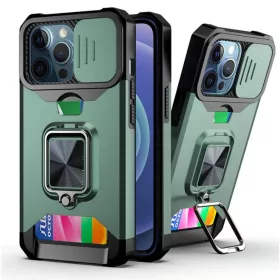   iPhone 13 mini Ring Armor tok kameralencse védővel, kihajtható támasszal, kártyatartóval sötétzöld (ip-13-mini-ring-armor-dark-green)