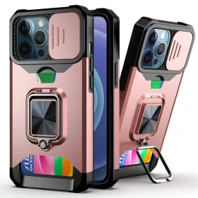   iPhone 13 mini Ring Armor tok kameralencse védővel, kihajtható támasszal, kártyatartóval rózsaszín (ip-13-mini-ring-armor-pink)