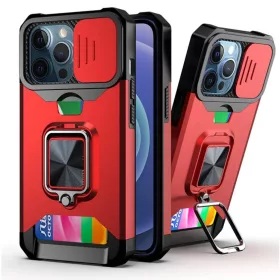   iPhone 13 mini Ring Armor tok kameralencse védővel, kihajtható támasszal, kártyatartóval piros (ip-13-mini-ring-armor-red)
