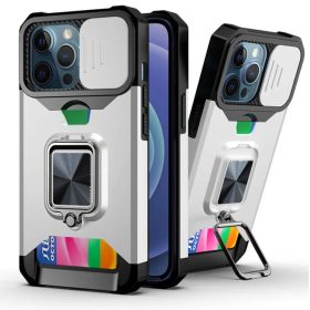   iPhone 13 Ring Armor tok kameralencse védővel, kihajtható támasszal, kártyatartóval ezüst (ip-13-ring-armor-silver)