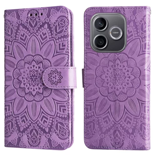 Honor 600 Lite dombornyomott napraforgó mintás bőr fliptok lila tok- 3 kép